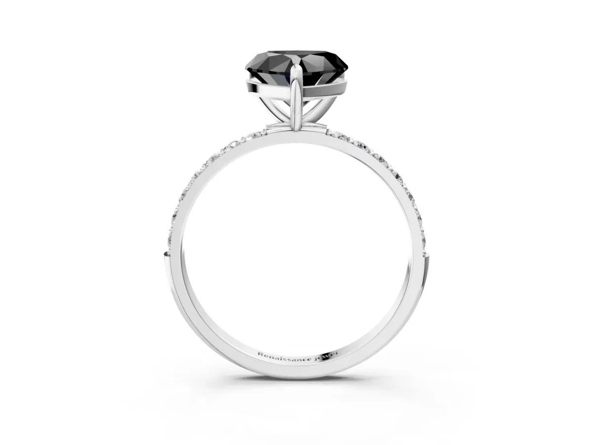 Fancy Black Heart Cut Diamond Solitaire Ring with Round Pavé Band and Prong Setting Silver