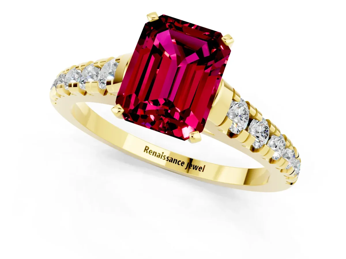 Emerald Cut Garnet Cathedral Solitaire Ring with Round Pavé Band Yellow gold