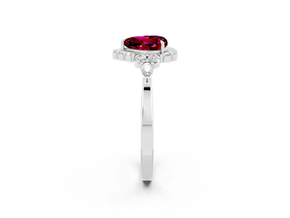 Heart Cut Garnet Halo Ring with Pear Side Stones and Prong Setting Silver
