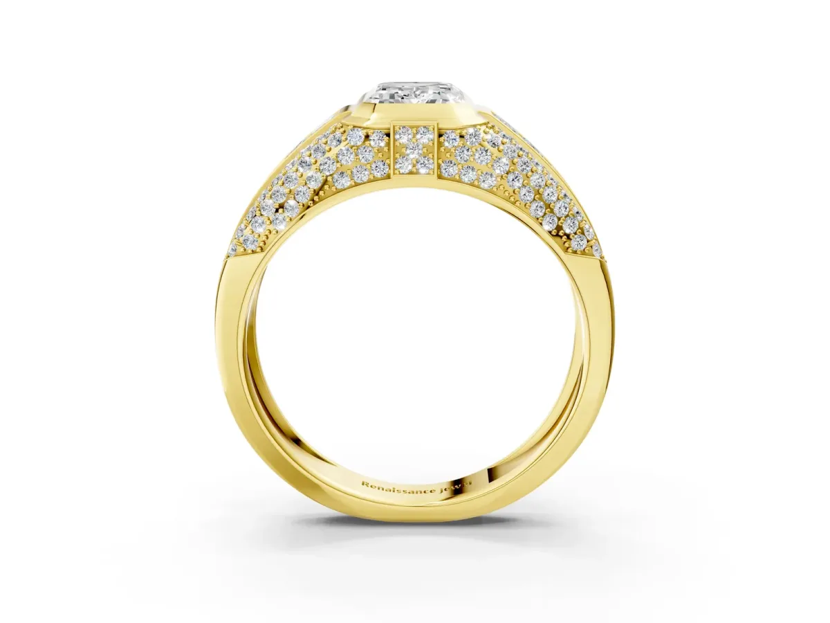 Emerald Cut Diamond Mens Ring with Side Stones Yellow gold