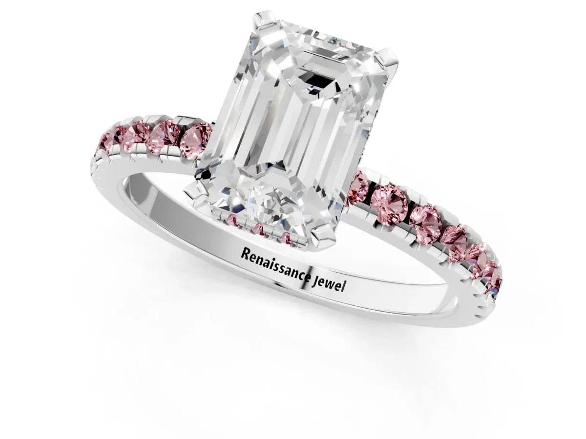 Emerald Cut Diamond Solitaire Ring with Round Morganite Pavé Band and Four-Prong Setting Silver