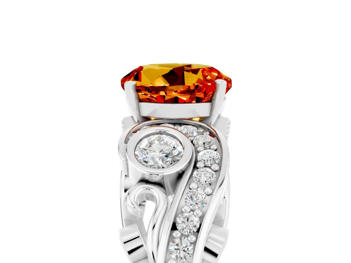 Round Cut Citrine Solitaire Ring with Milgrain Pavé Band and Four-Prong Setting Silver