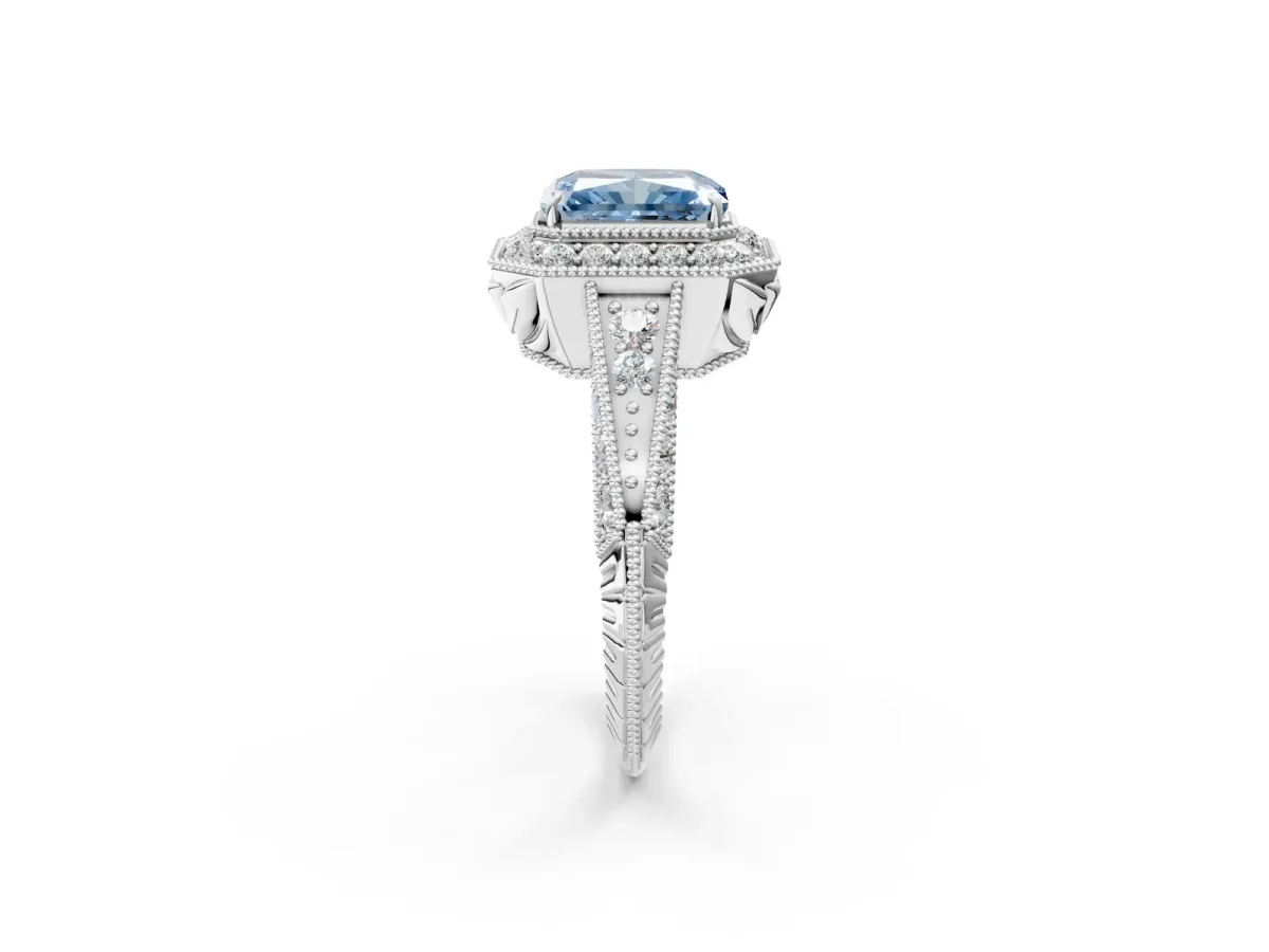 Fancy Blue Radiant Cut Halo Diamond Split Shank Ring with Milgrain Detail Platinum