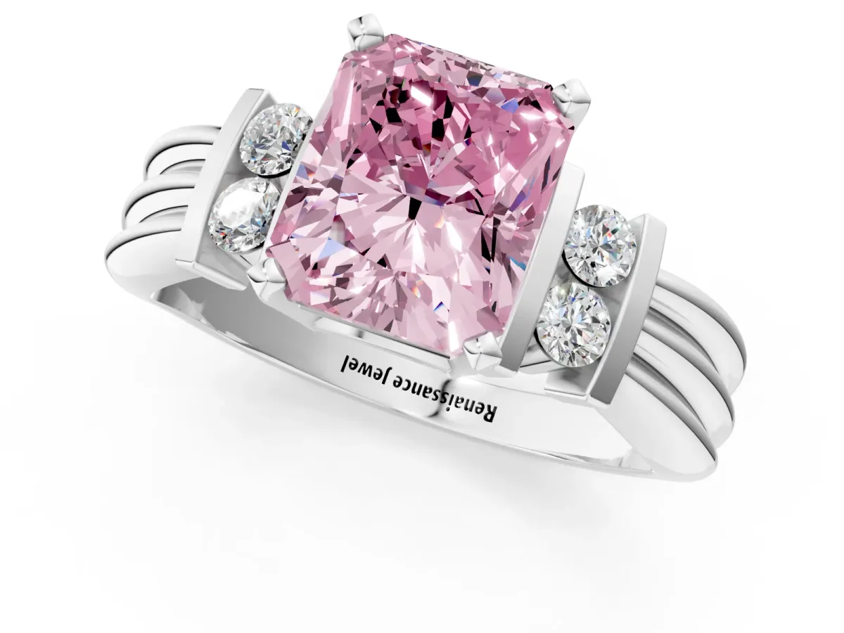 Fancy Pink Radiant Cut Cut Three-Stone Channel Set Ring with Bar Prongs Platinum
