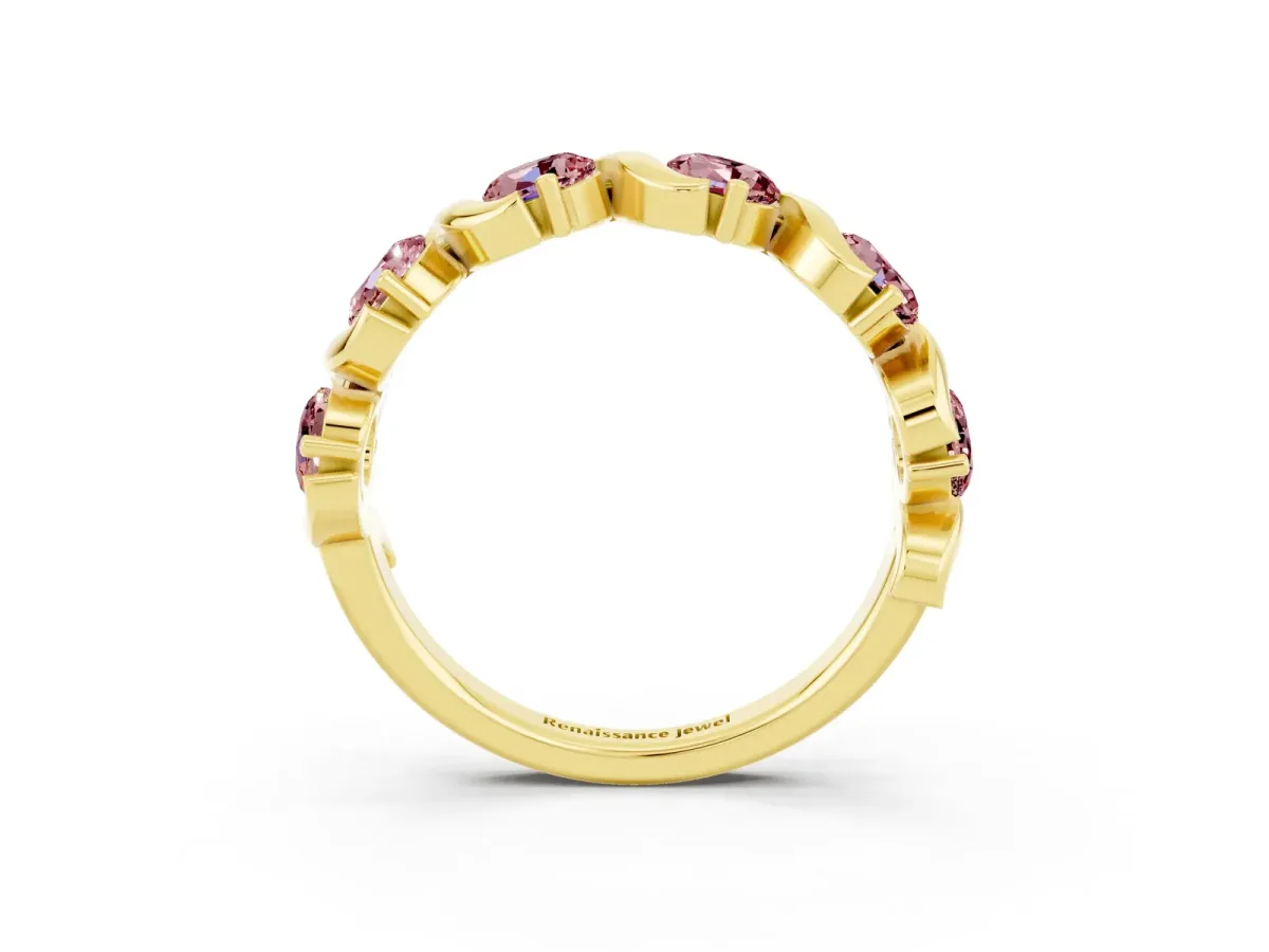 Round Morganite Half Eternity Band with Wave Prong Setting Yellow gold