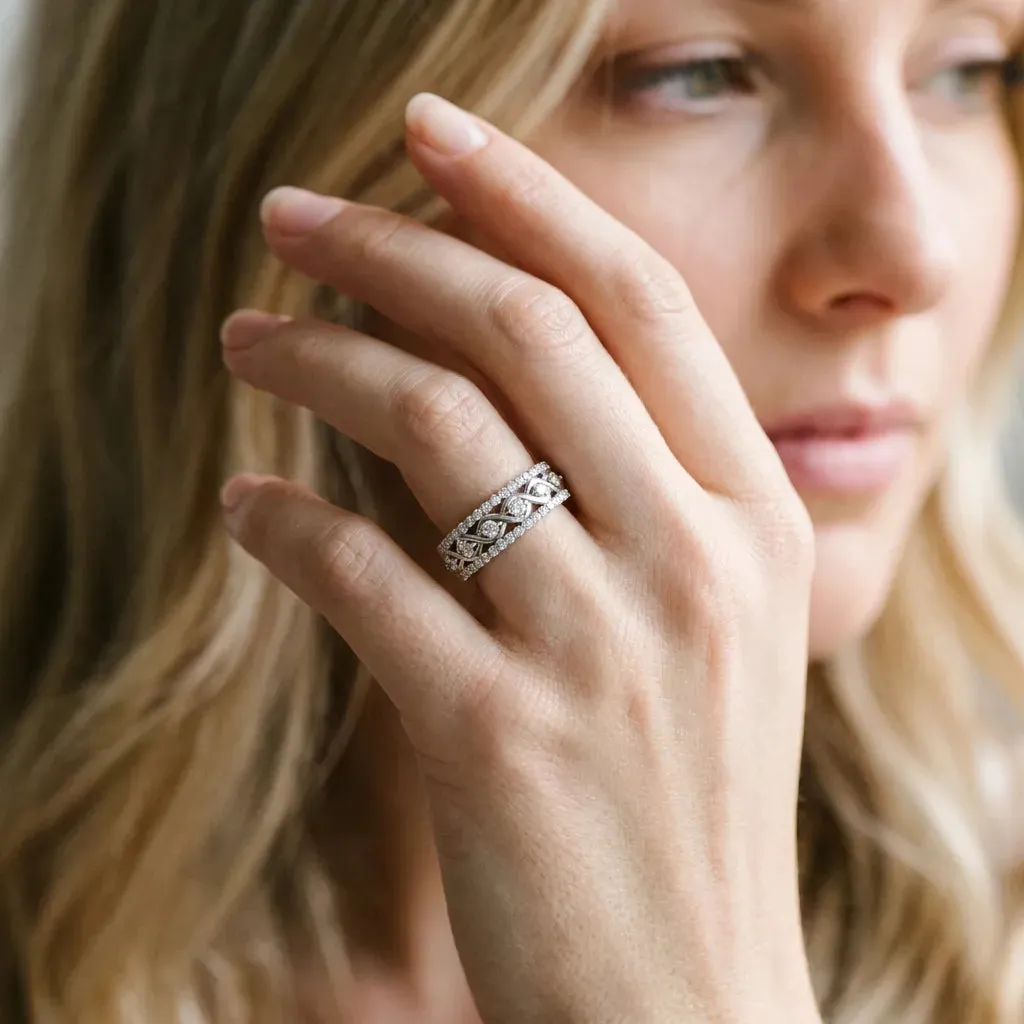 Round Brilliant Diamond Infinity Twist Pave Band with Prong Setting Platinum