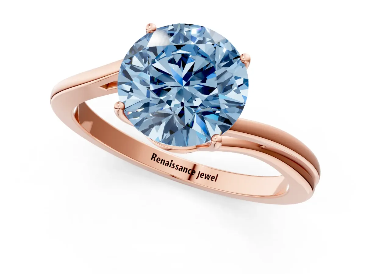 Fancy Blue Round Cut Cut Solitaire Twist Band Ring with Four-Prong Setting Rose gold
