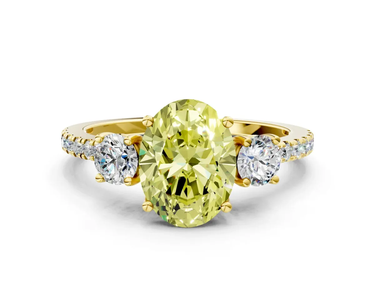 Fancy Yellow Three-Stone Oval Cut Cut Diamond Pavé Band with Prong Setting Yellow gold