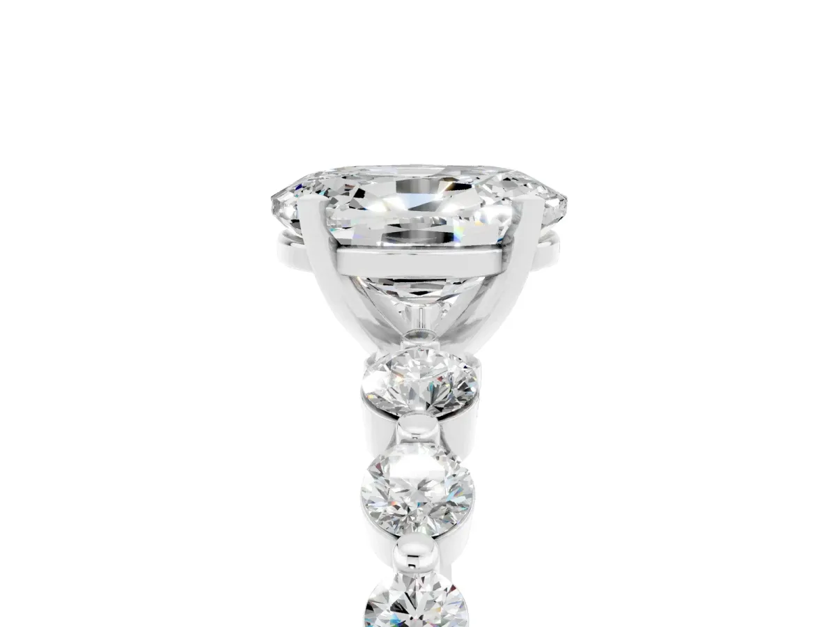 Oval Cut Solitaire Moissanite Ring with Pave Band and Four-Prong Setting Silver