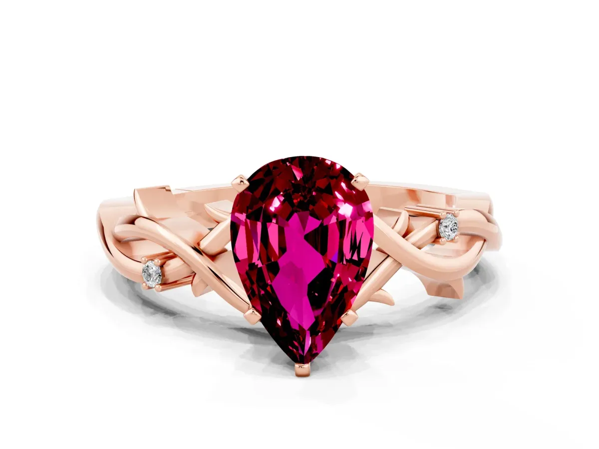 Pear Cut Garnet Solitaire Ring with Twisted Band and Prong Setting Rose gold