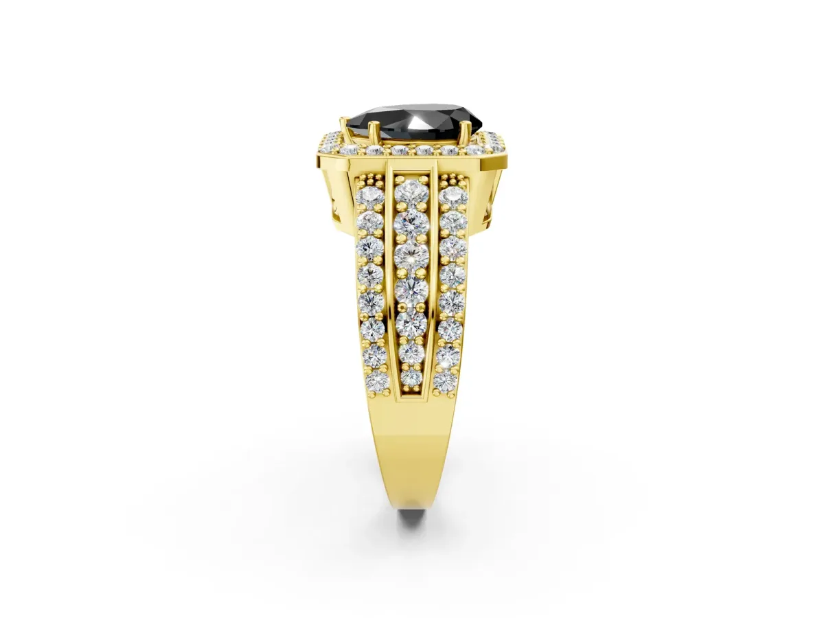 Fancy Black Pear Cut Halo Diamond Ring with Round Split Shank and Prong Setting Yellow gold