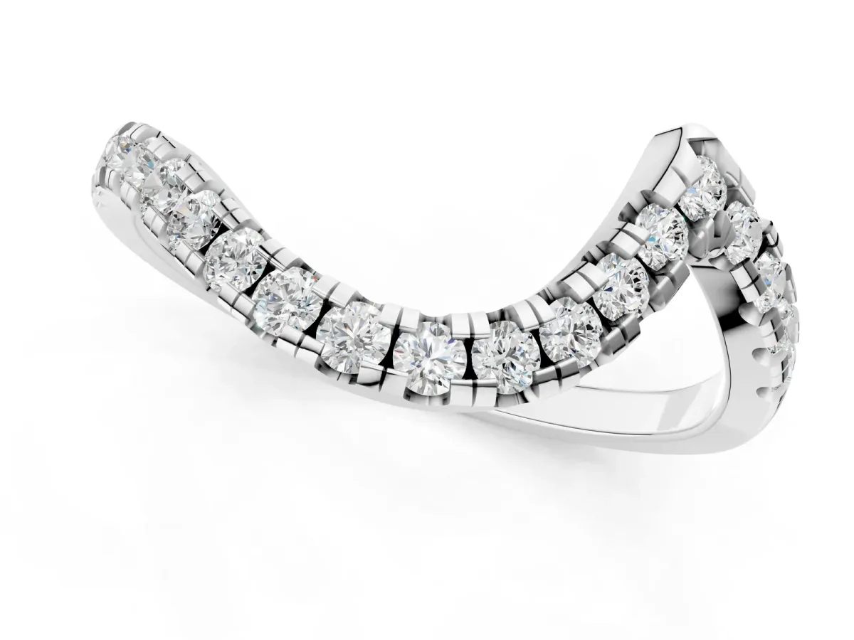 Round Diamond Pavé V-Shaped Contour Band with Shared Prong Setting Silver