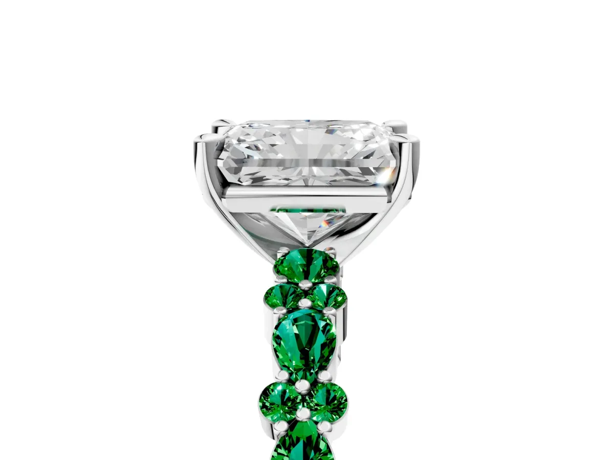 Radiant Cut Diamond Side Stone Solitaire Ring with Round Emerald and Four-Prong Setting White gold