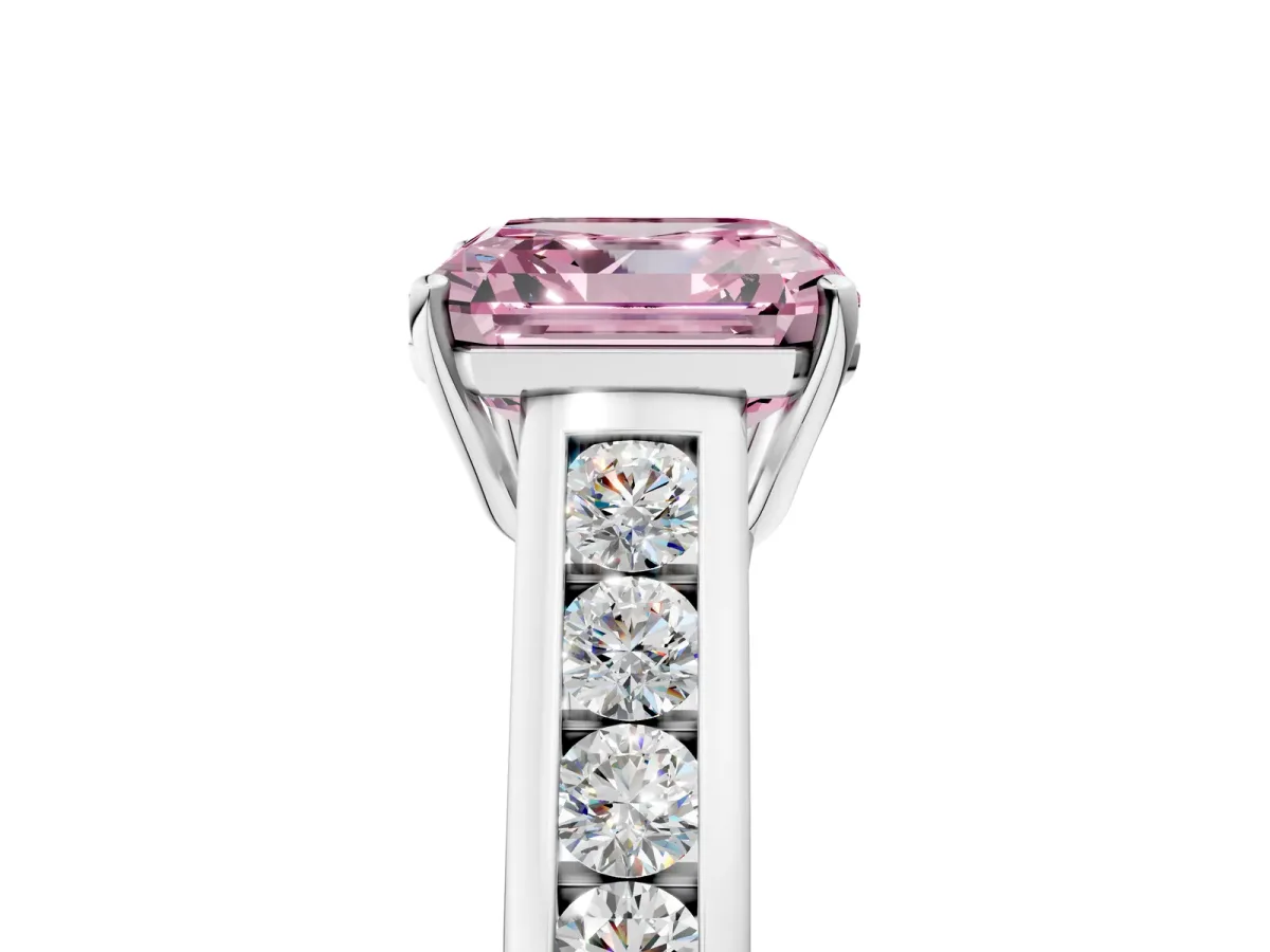 Fancy Pink Asscher Cut Brilliant Channel-Set Solitaire Ring with Four-Prong Setting Platinum