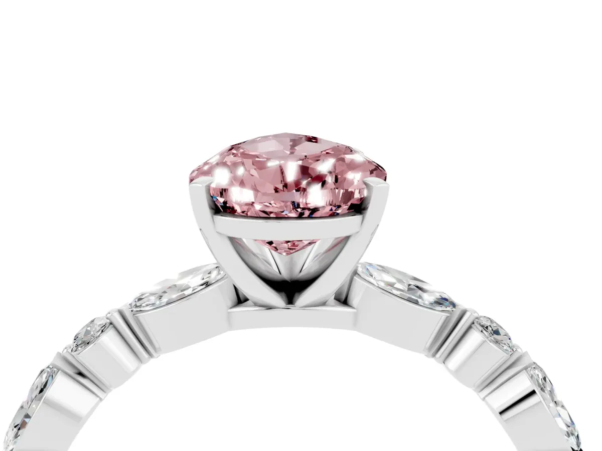Pear Cut Morganite Ring with Marquise and Round Side Stones and Four-Prong Setting Silver