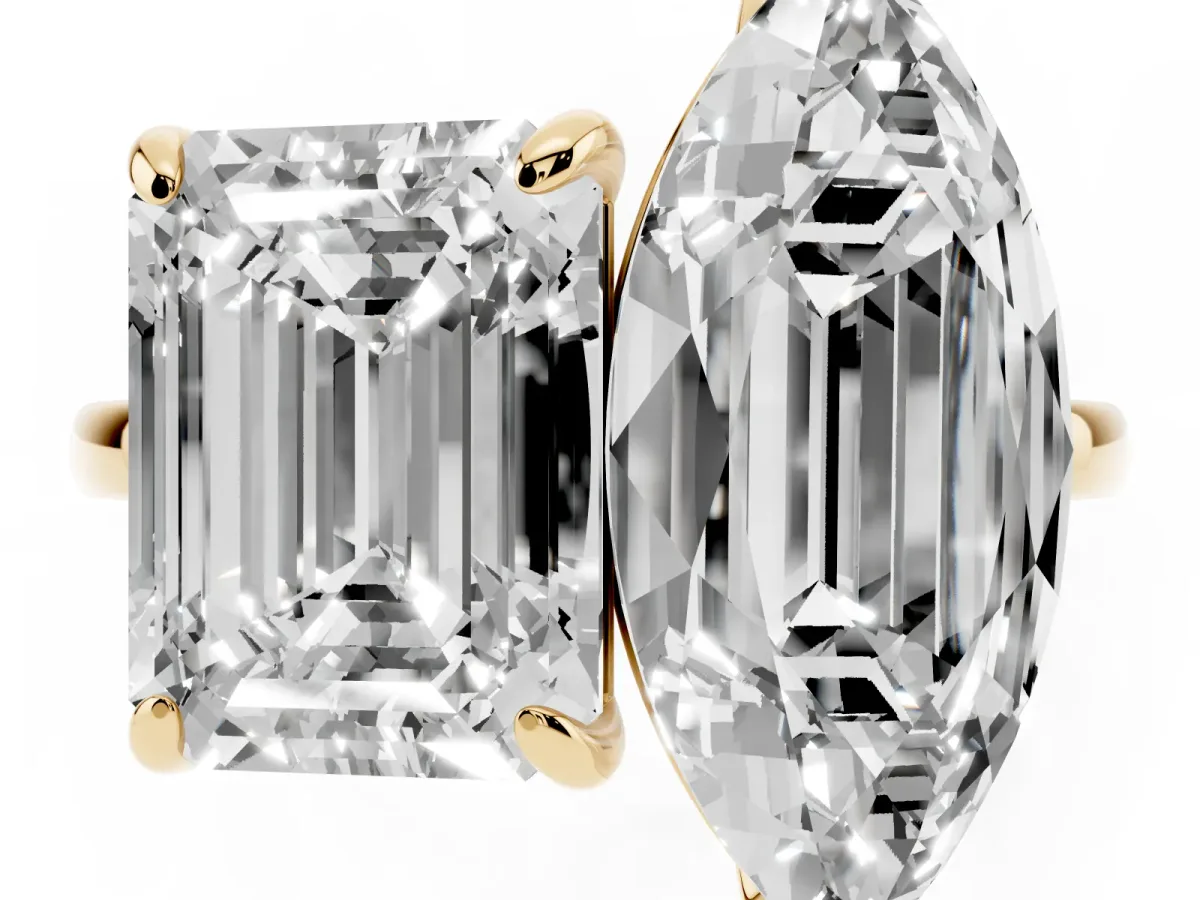 Emerald and Marquise Toi Moi Ring with Prong Setting and Plain Band Yellow gold