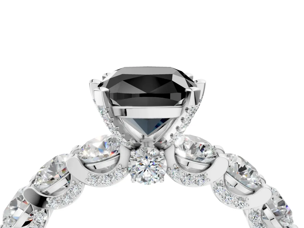Fancy Black Cushion Cut Diamond Side Stone Engagement Ring with Four-Prong Setting White gold