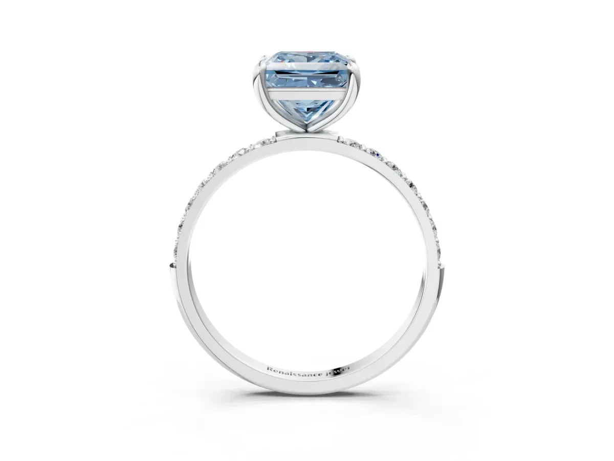 Fancy Blue Princess Cut Diamond Solitaire Ring with Round Pavé Band and Prong Setting Silver