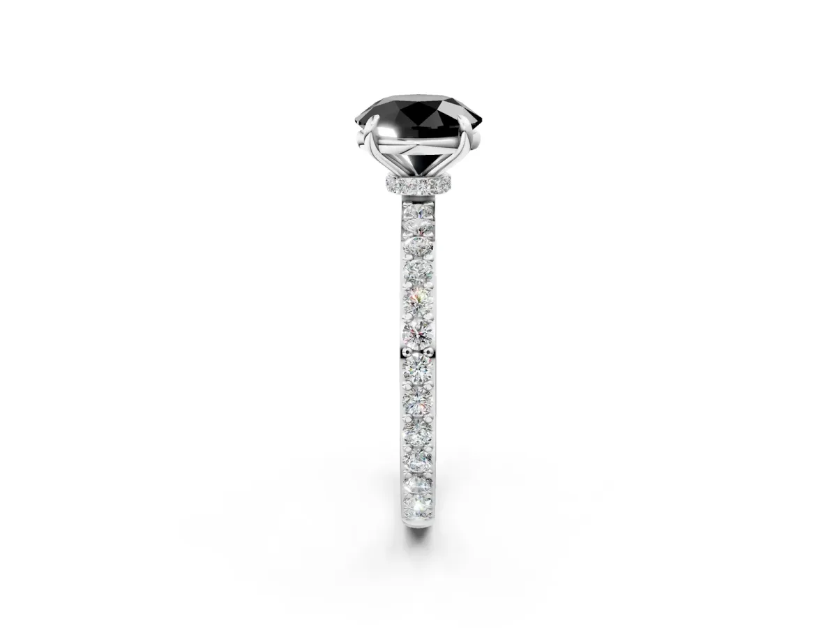 Fancy Black Round Cut Diamond Solitaire Engagement Ring with Pavé Band and Four-Prong Setting Silver