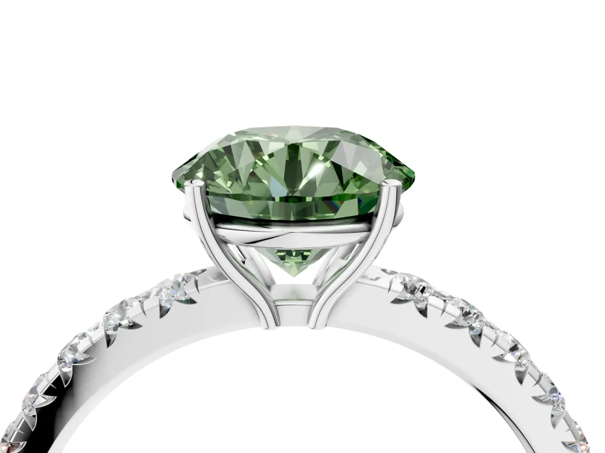 Fancy Green Round Cut Diamond Pavé Solitaire Engagement Ring with Four-Prong Setting Silver