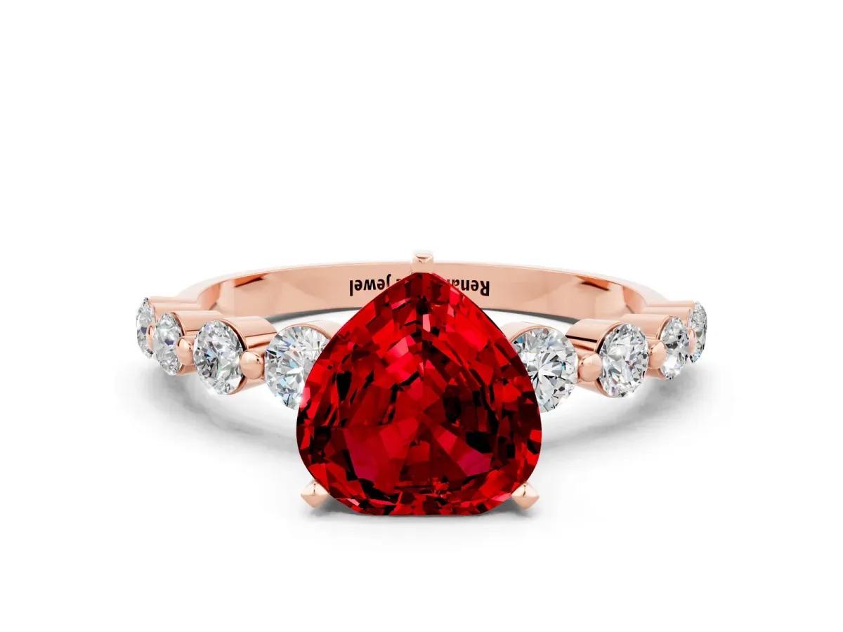 Heart Cut Solitaire Ruby Ring with Pave Band and Four-Prong Setting Rose gold