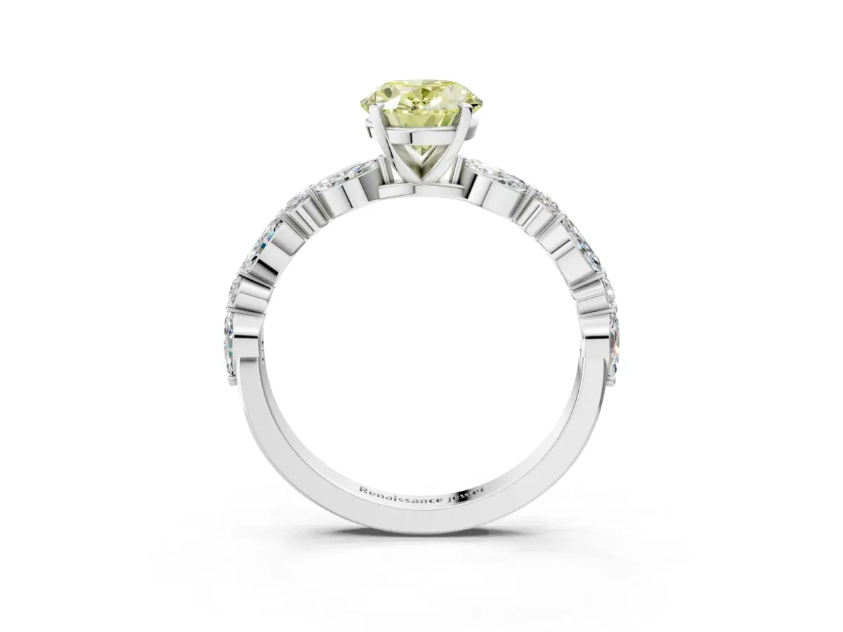 Fancy Yellow Oval Cut Diamond Ring with Marquise and Round Side Stones and Four-Prong Setting Silver