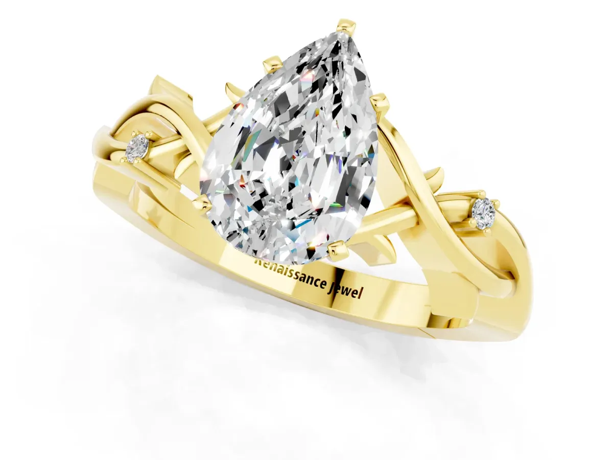 Pear Cut Moissanite Solitaire Ring with Twisted Band and Prong Setting Yellow gold