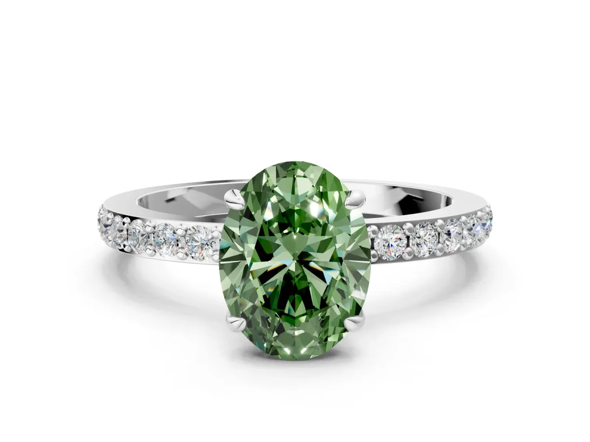 Fancy Green Oval Cut Diamond Solitaire Engagement Ring with Pavé Band and Four-Prong Setting Silver