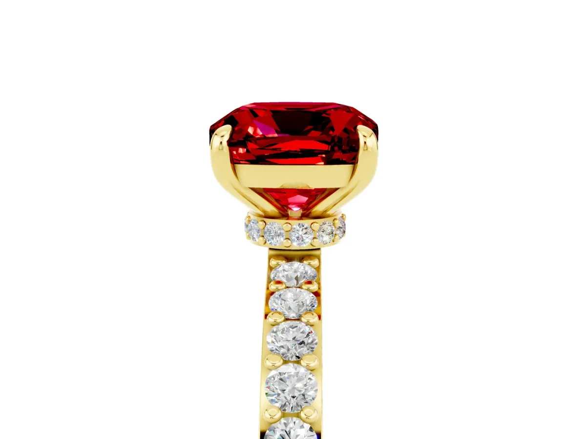 Cushion Cut Ruby Solitaire Engagement Ring with Pavé Band and Four-Prong Setting Yellow gold