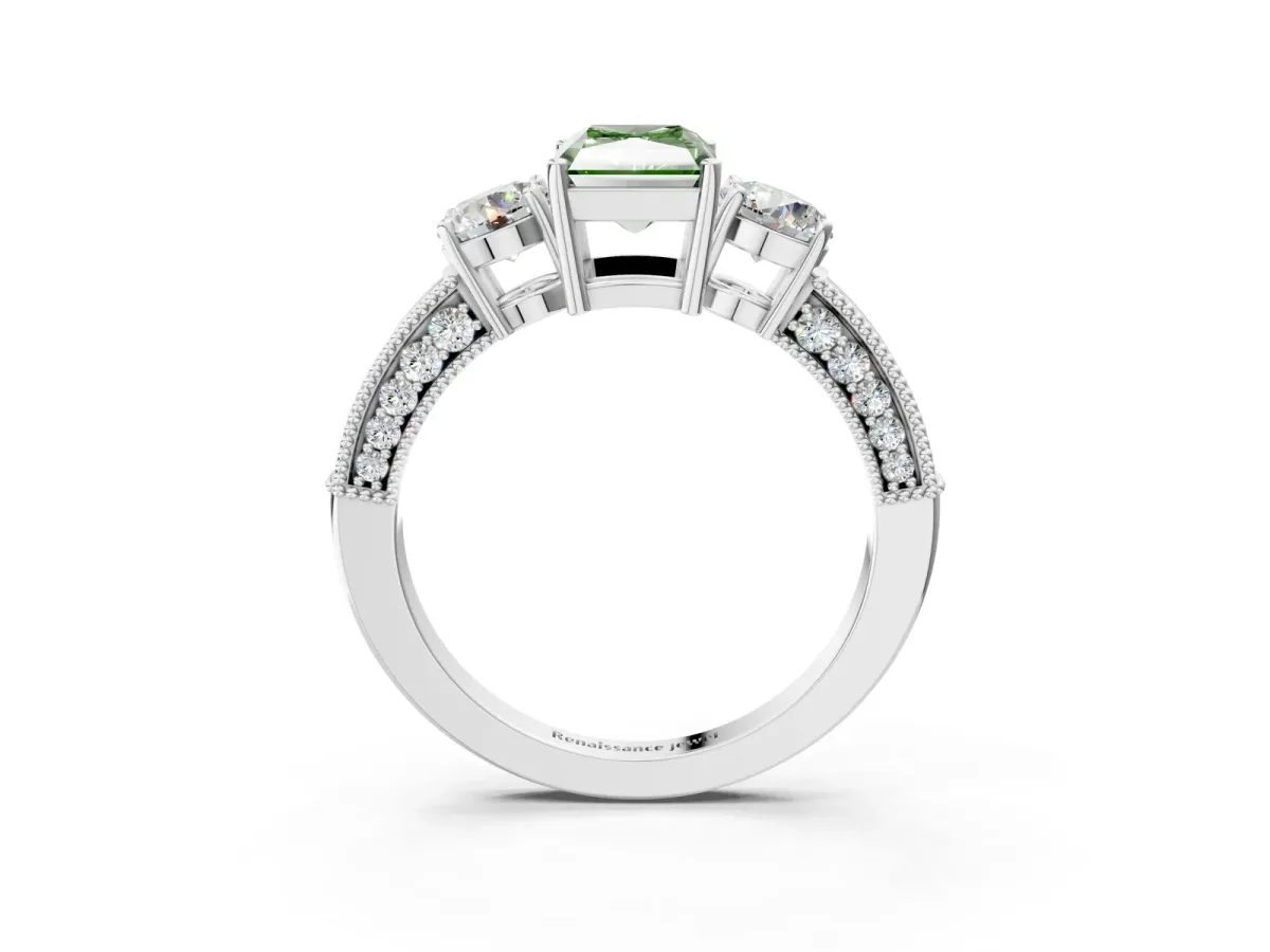 Fancy Green Radiant Cut Three-Stone Diamond Ring with Pavé Band and Four-Prong Setting Platinum