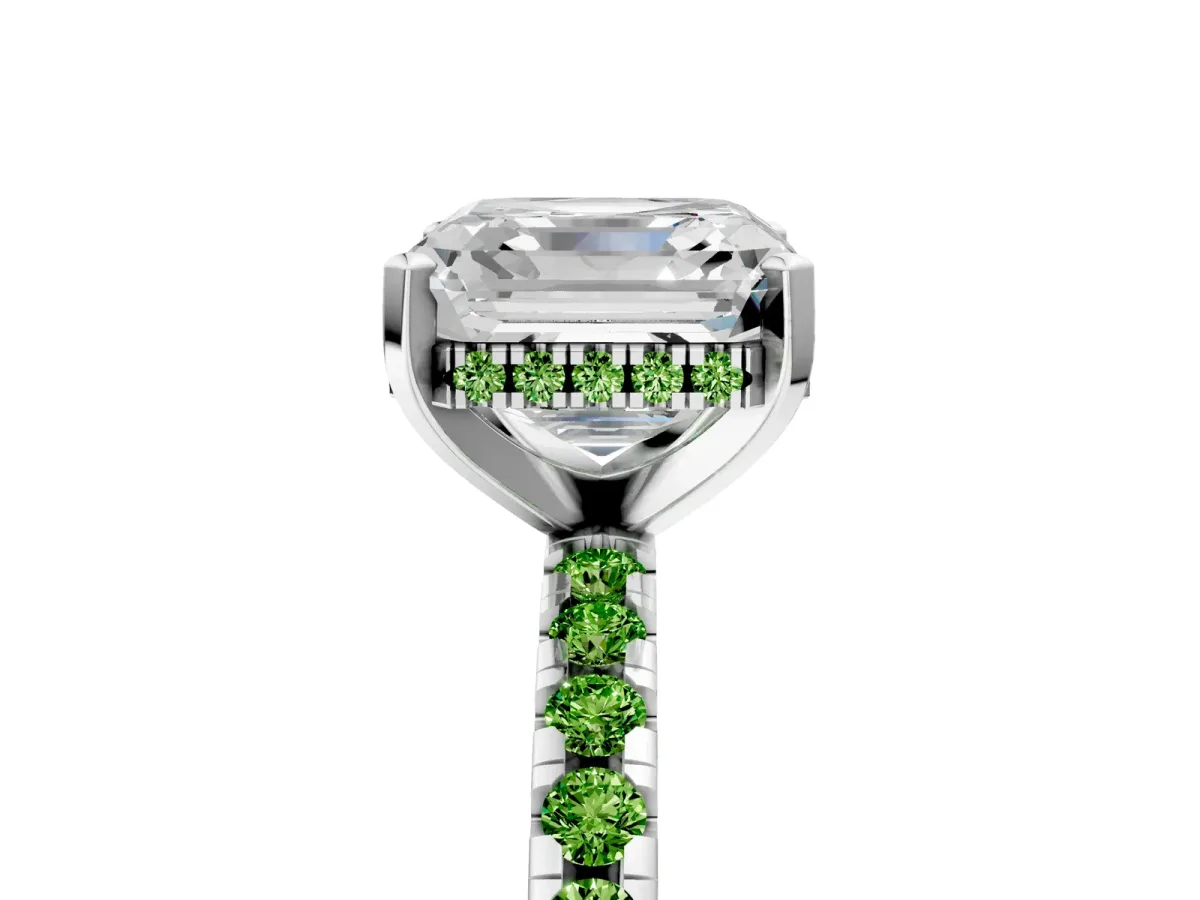 Asscher Cut Diamond Solitaire Ring with Round Peridot Pavé Band and Four-Prong Setting Silver