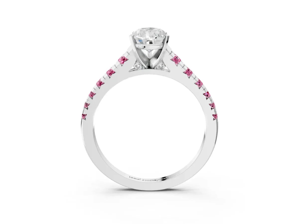 Pear Cut Diamond Cathedral Solitaire Ring with Round Pink Sapphire Pavé Band Silver