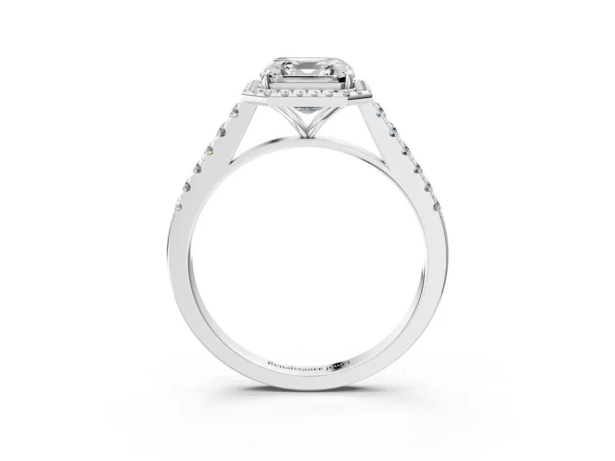 Asscher Cut Halo Pave Diamond Engagement Ring with Four-Prong Setting Platinum