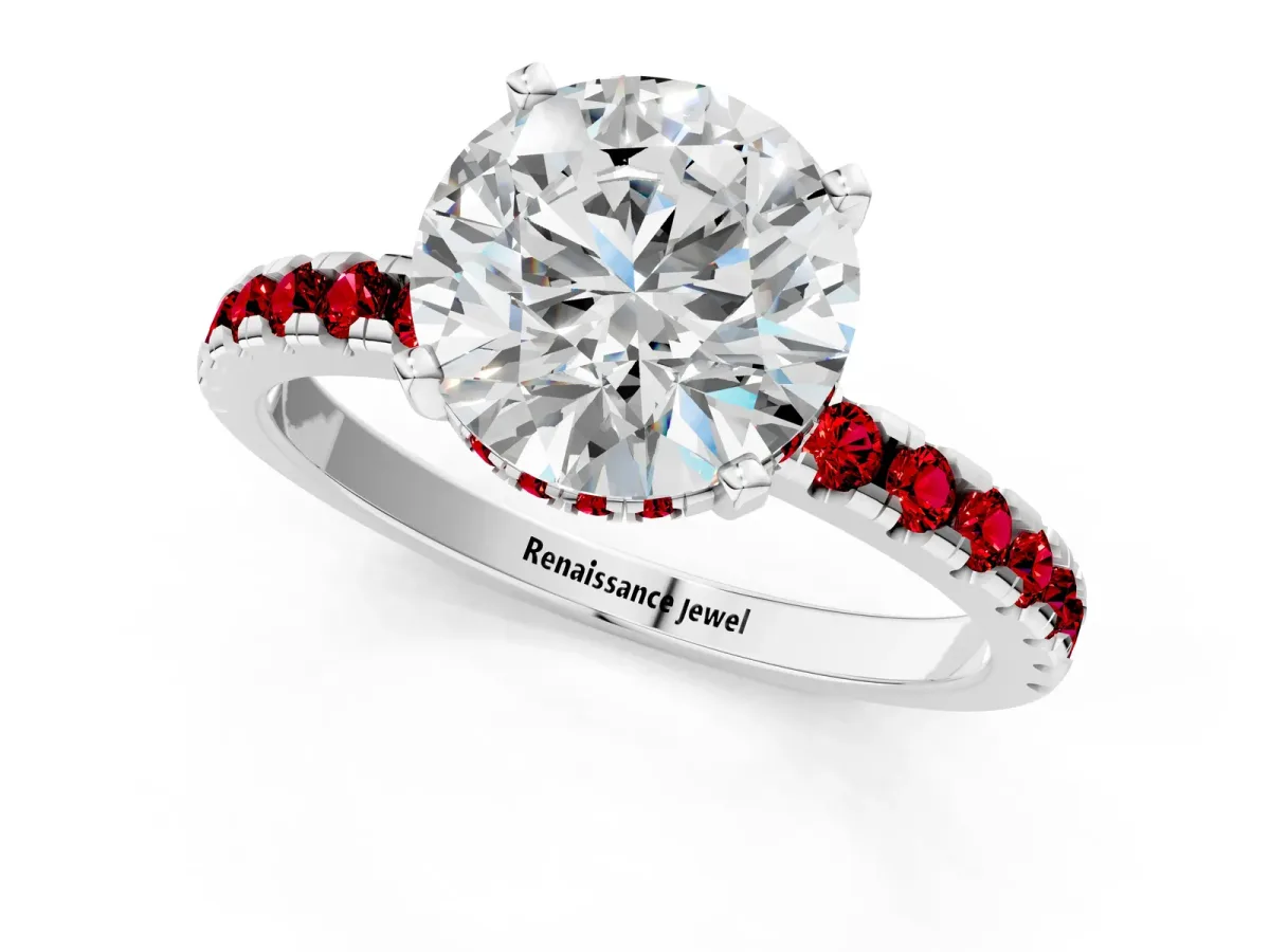 Round Cut Diamond Solitaire Ring with Round Tanzanite Pavé Band and Four-Prong Setting Silver