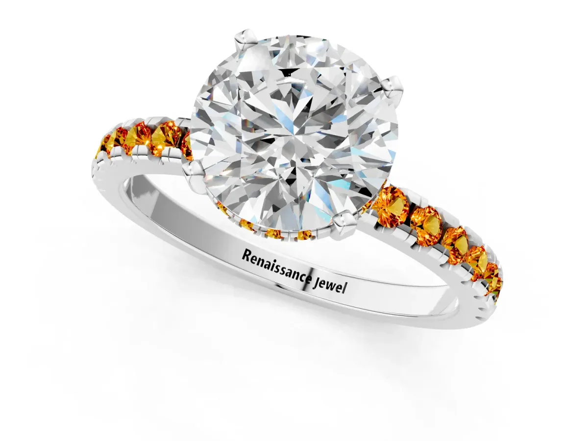 Round Cut Diamond Solitaire Ring with Round Citrine Pavé Band and Four-Prong Setting Silver