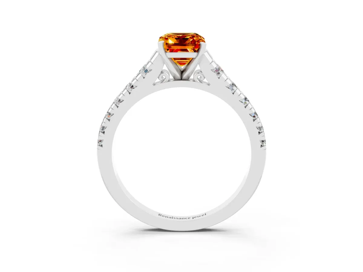 Emerald Cut Citrine Cathedral Solitaire Ring with Round Pavé Band Platinum