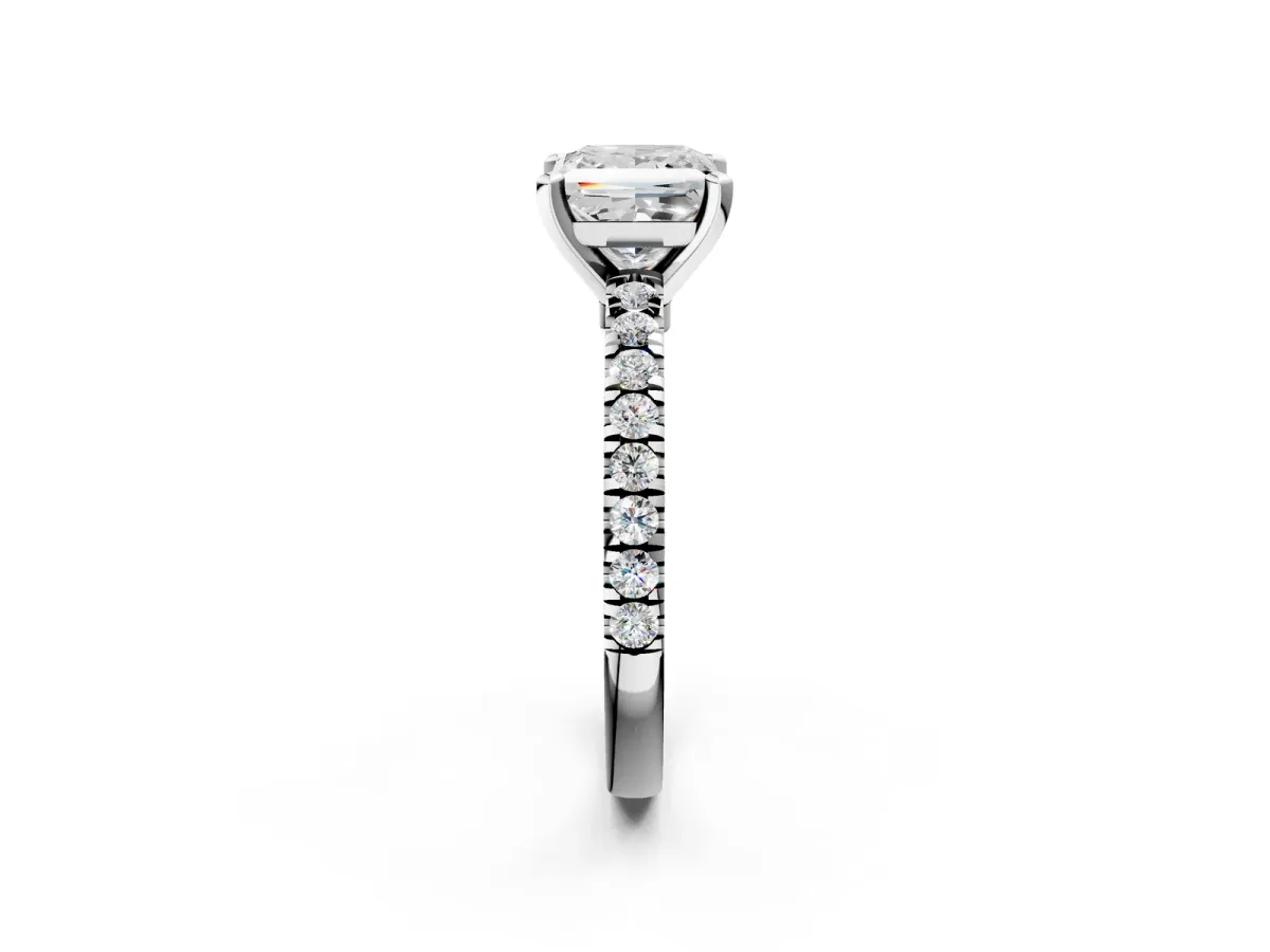 Princess Cut Solitaire Diamond with Pavé Band and Four-Prong Setting Platinum