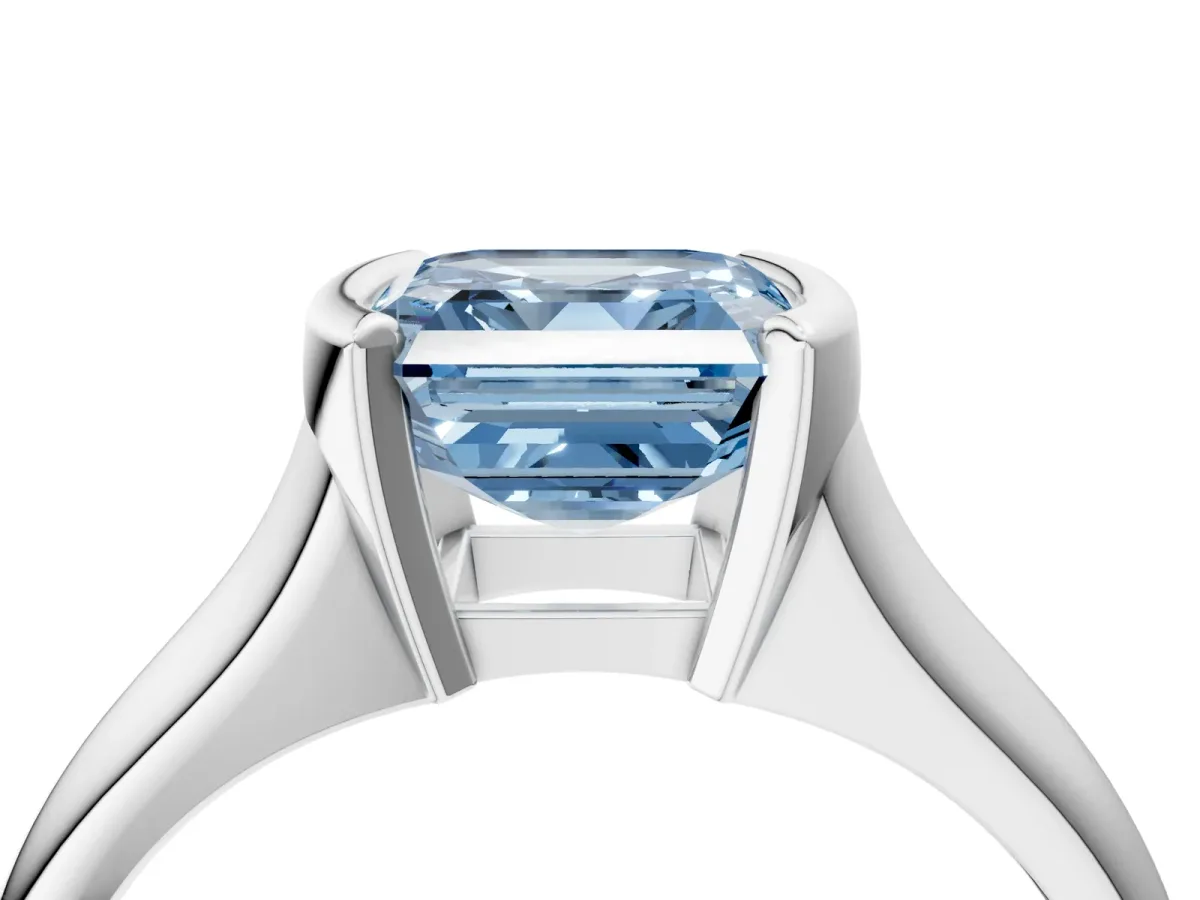 Fancy Blue Asscher Cut Solitaire Tension Set Diamond Ring with Split Shank Band Platinum