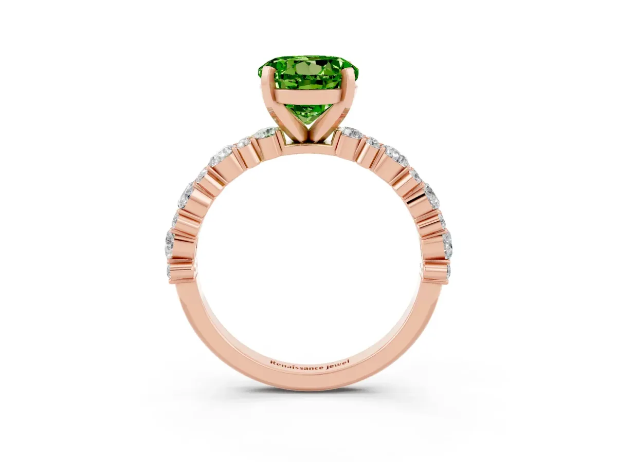Round Cut Peridot Side Stone Solitaire Ring with Round and Four-Prong Setting Rose gold