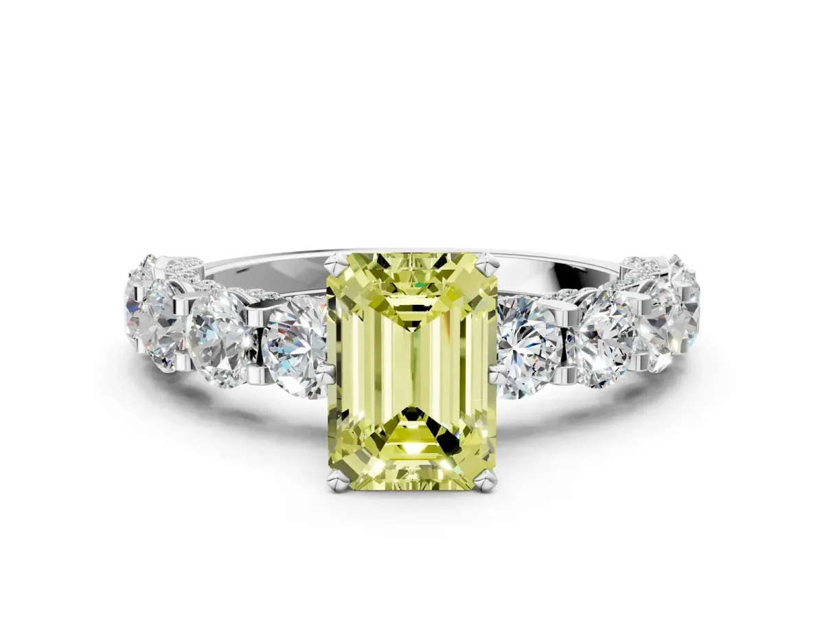 Fancy Yellow Emerald Cut Diamond Side Stone Engagement Ring with Four-Prong Setting Silver