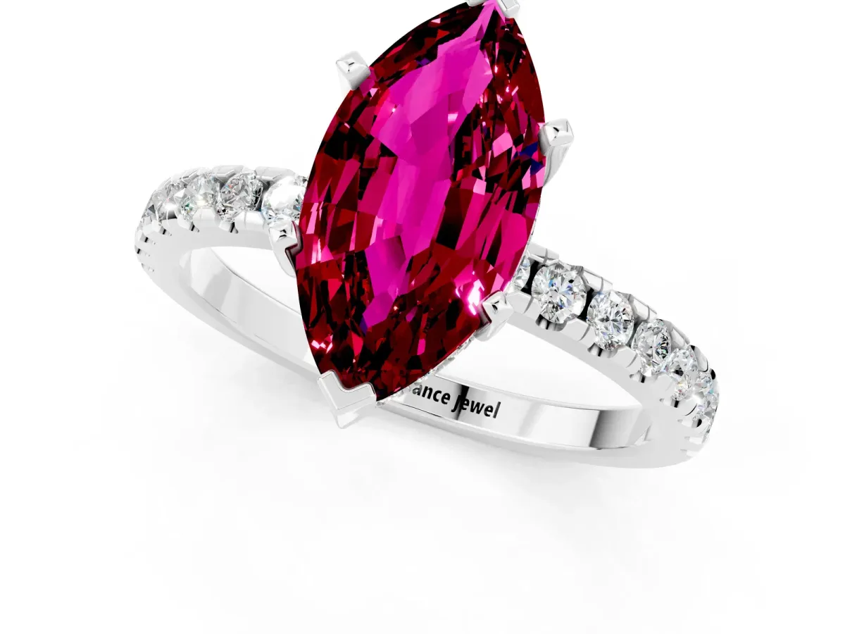 Marquise Cut Garnet Solitaire Ring with Round Pavé Band and Four-Prong Setting Silver