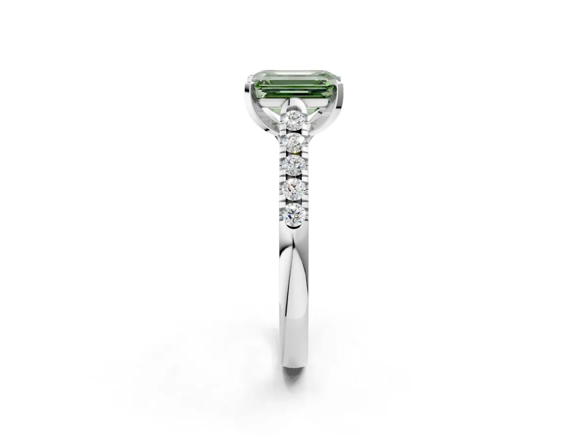 Fancy Green Emerald Cut Diamond Pavé Band Solitaire Ring with Prong Setting Platinum