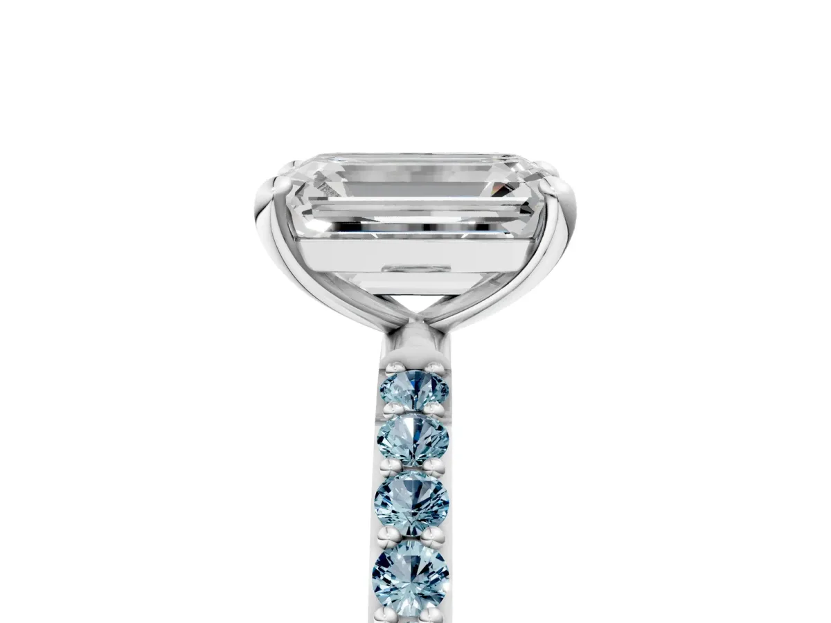 Emerald Cut Diamond Solitaire Ring with Round Aquamarine Pavé Band and Prong Setting Silver