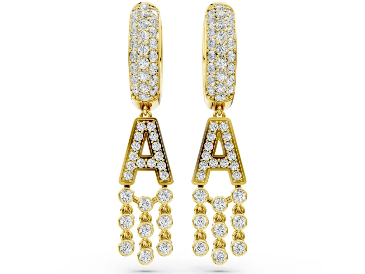 Round Diamond Initial A Huggie Hoop Earrings Yellow gold