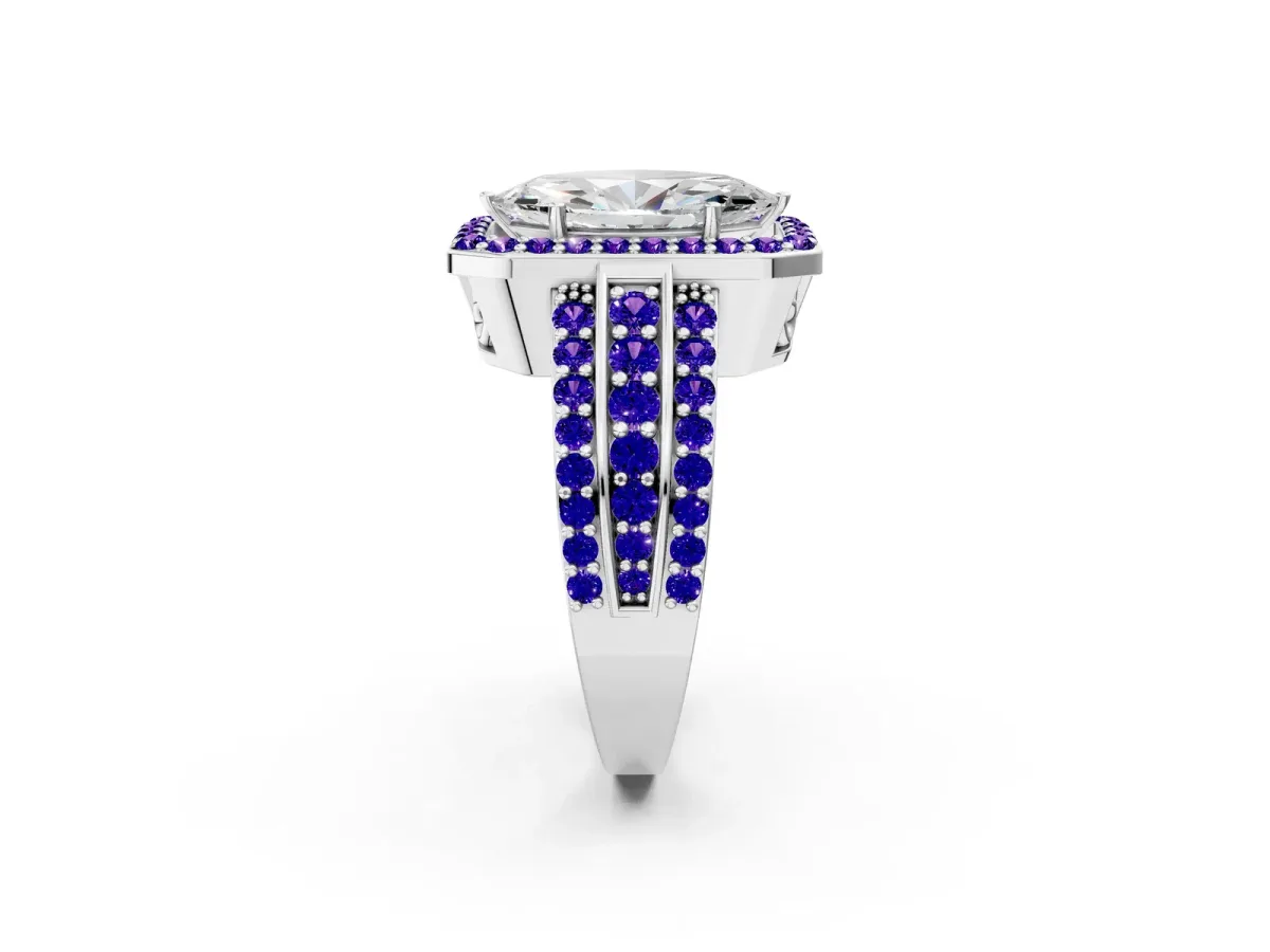 Marquise Cut Halo Diamond Ring with Round Tanzanite Split Shank and Prong Setting Silver