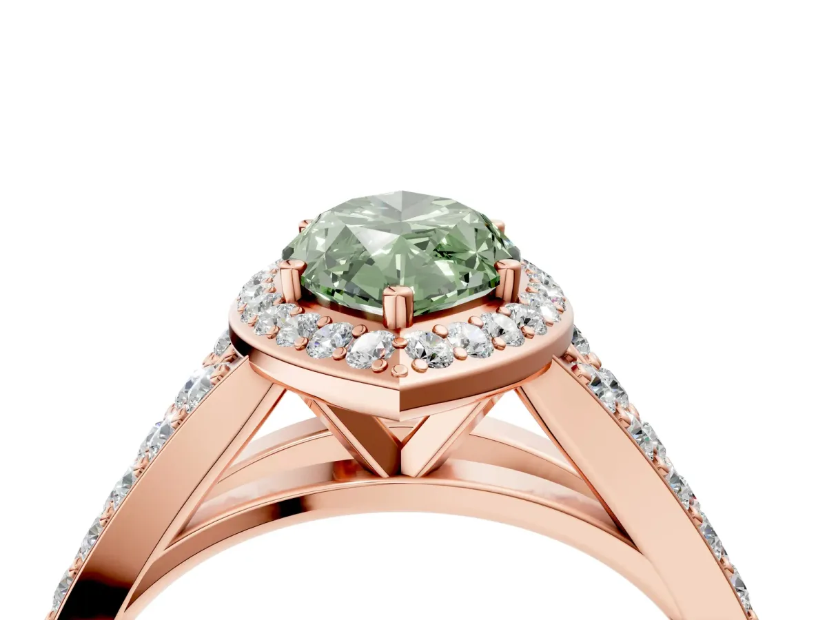 Fancy Green Marquise Cut Diamond Split Shank Halo Ring with Four-Prong Setting Rose gold