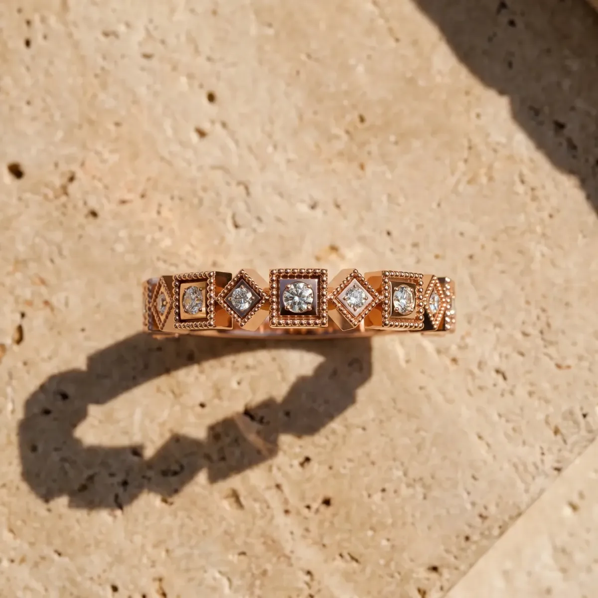 Milgrain Square Diamond Eternity Band with Bezel Setting Rose gold