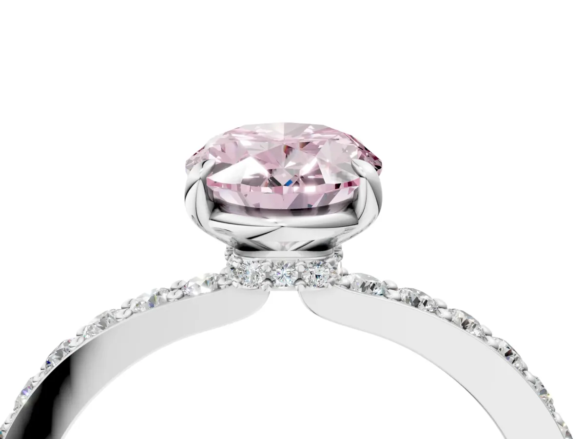Fancy Pink Oval Cut Diamond Solitaire Engagement Ring with Pavé Band and Four-Prong Setting Silver