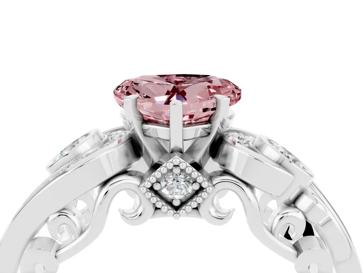 Heart Cut Morganite Solitaire Ring with Milgrain Pavé Band and Four-Prong Setting Silver