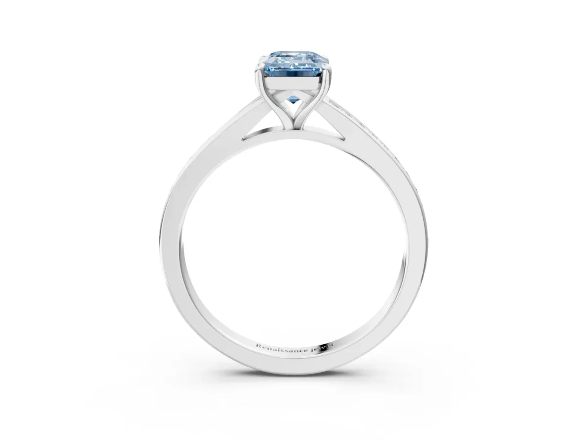 Fancy Blue Emerald Cut Diamond Solitaire Ring with Pavé Band and Prong Setting Silver